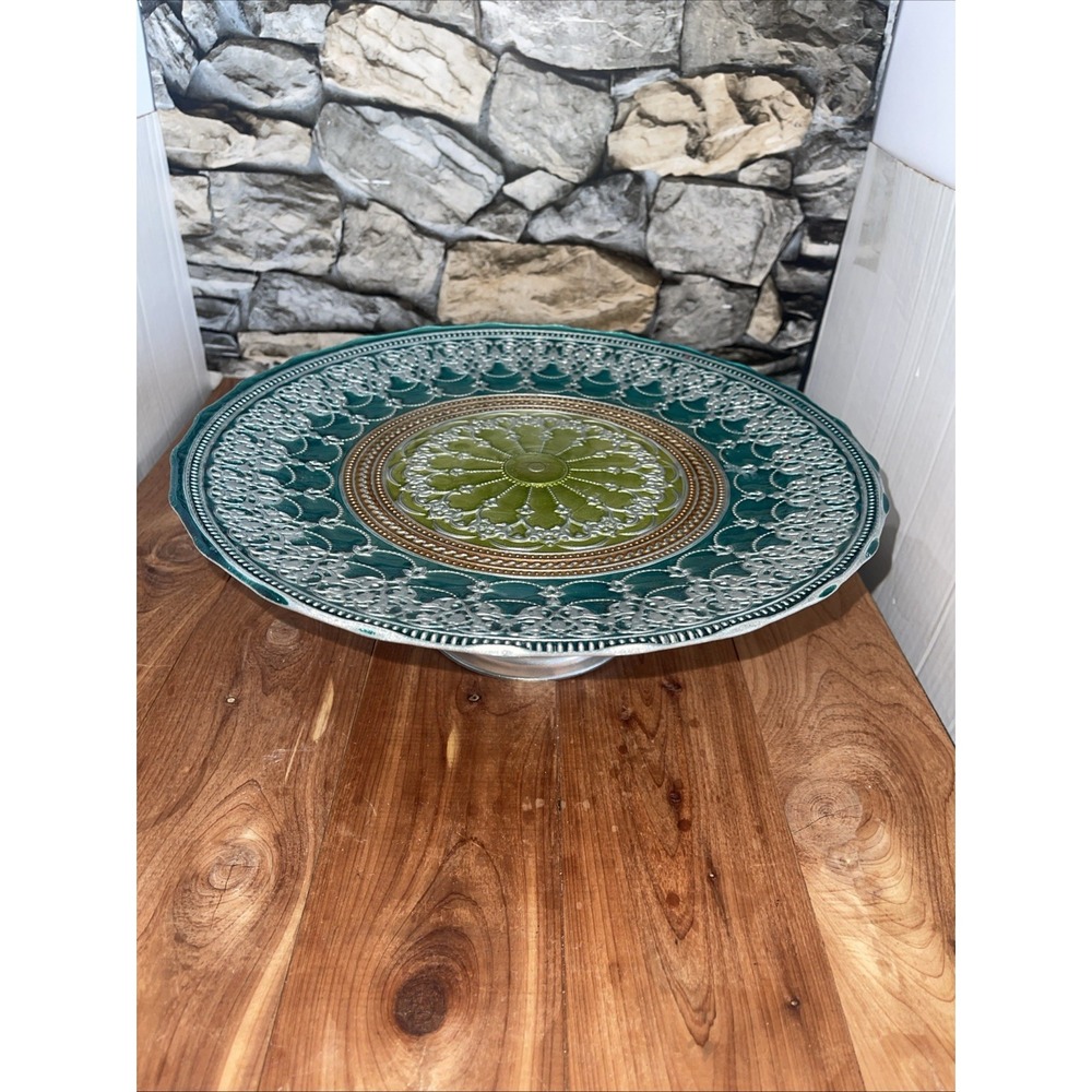 Decorative Cake Plate Moroccan Jewel Tone, Silver Decorative Centerpiece